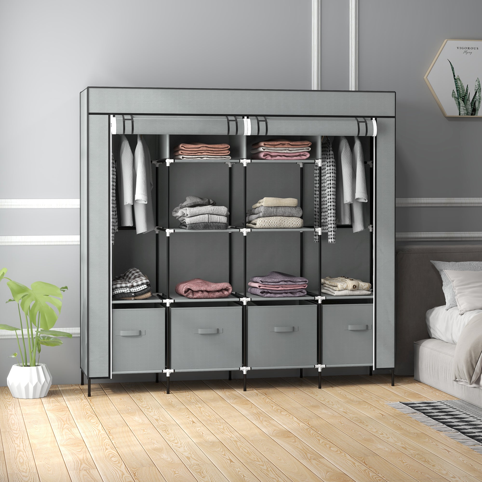 HOMCOM Fabric Wardrobe for Bedroom, Portable Cloth Wardrobe with 10 Compartments, 2 Hanging Rails and 4 Fabric Drawers, 166 x 42.5 x 169.5cm, Dark Grey 