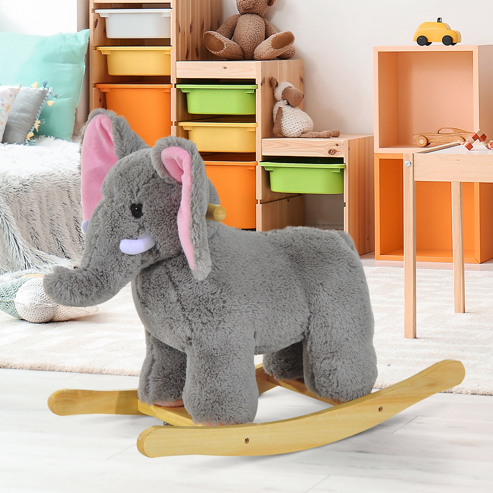 HOMCOM Kids Children Rocking Horse Plush Ride on Animal Wooden Riding Traditional Rocker Gift w/32 nursery rhymes (Grey Elephant) 
