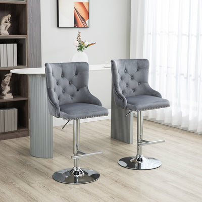HOMCOM Modern Adjustable Bar Stools Set of 2, Swivel Velvet Barstools with Button Tufted Back, Footrest, Nailhead Trim for Home Bar, Grey 