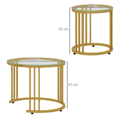 HOMCOM Round Coffee Tables Set of 2, Nesting Tables with Tempered Glass Top and Steel Frame, 60cmx60cmx47cm, Gold Tone 