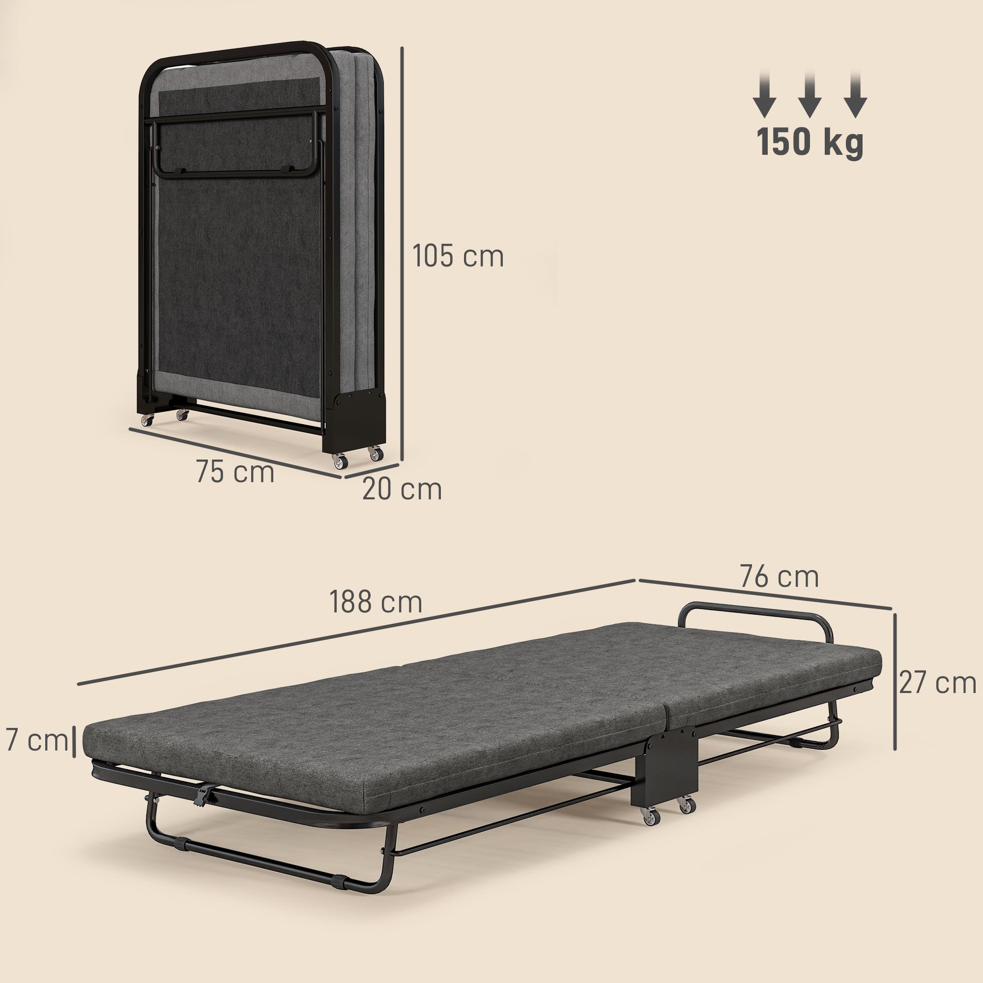 HOMCOM Single Temporary Folding Bed - Grey