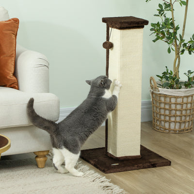 PawHut 81cm Cat Scratcher, Vertical Full Scratcher w/ Natural Sisal Rope, Hanging Ball, Soft Plush - Brown 