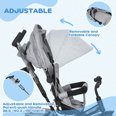 HOMCOM 6 in 1 Kids Trike with Parent Handle, Canopy, 5-point Safety Belt, Storage, Footrest, Brake, for 1-5 Years, Grey 