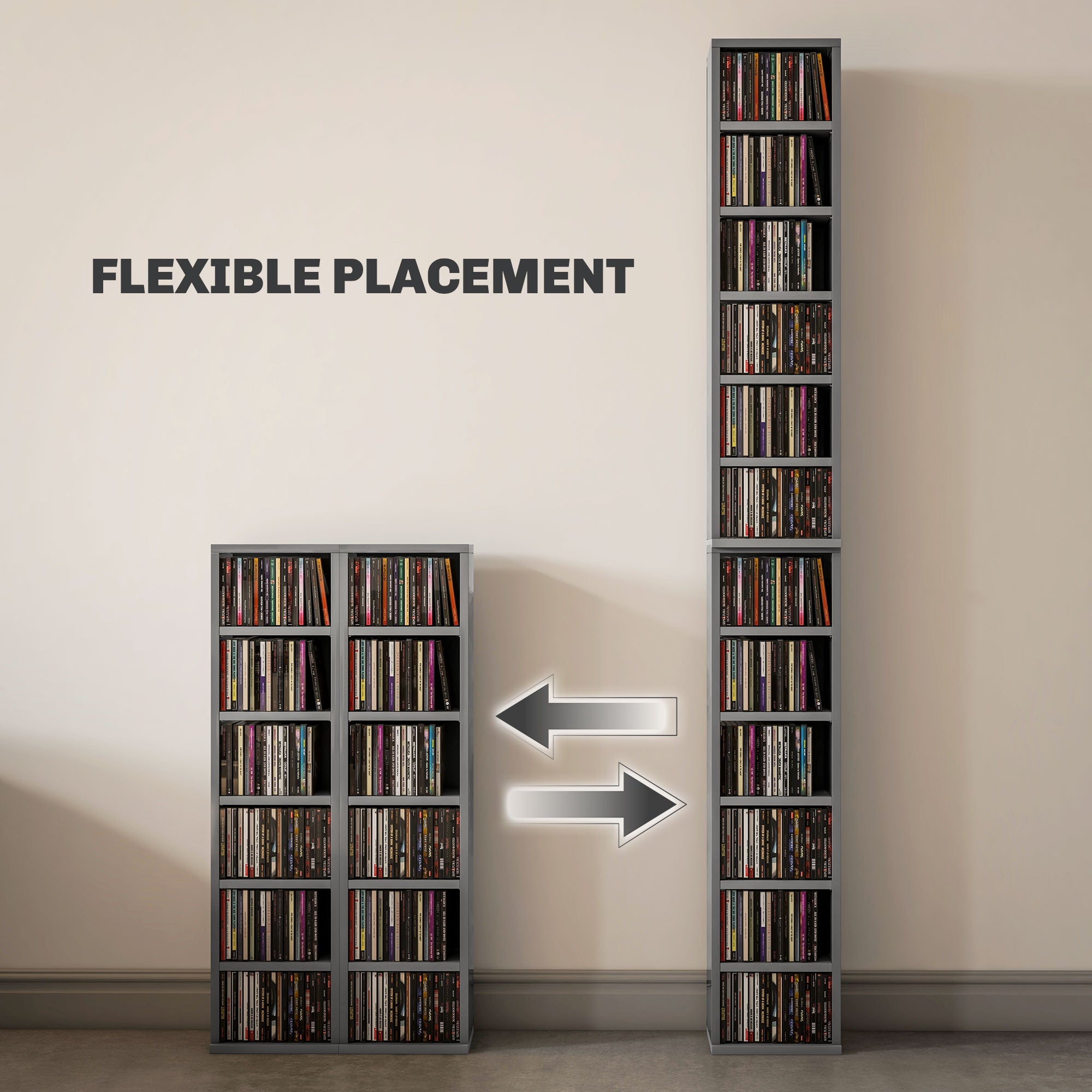 HOMCOM Set of 2 CD Media Display Shelf Unit Tower Rack with Adjustable Shelves, High Gloss Grey 