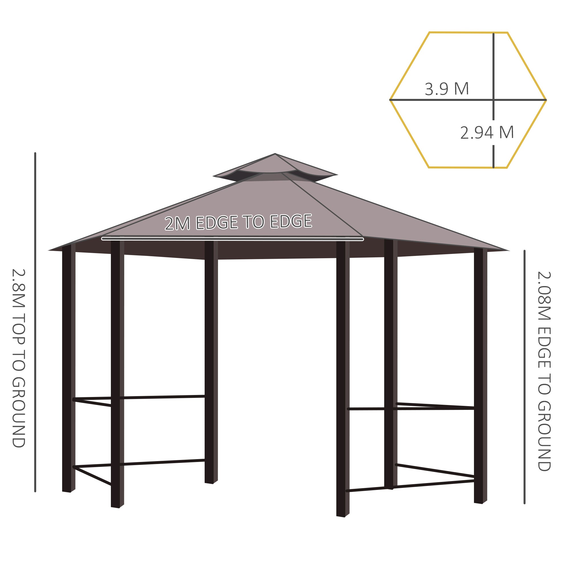 Outsunny 3 x 3(m) Hexagon Gazebo Patio Canopy Party Tent Outdoor Garden Shelter w/ 2 Tier Roof & Side Panel - Brown 