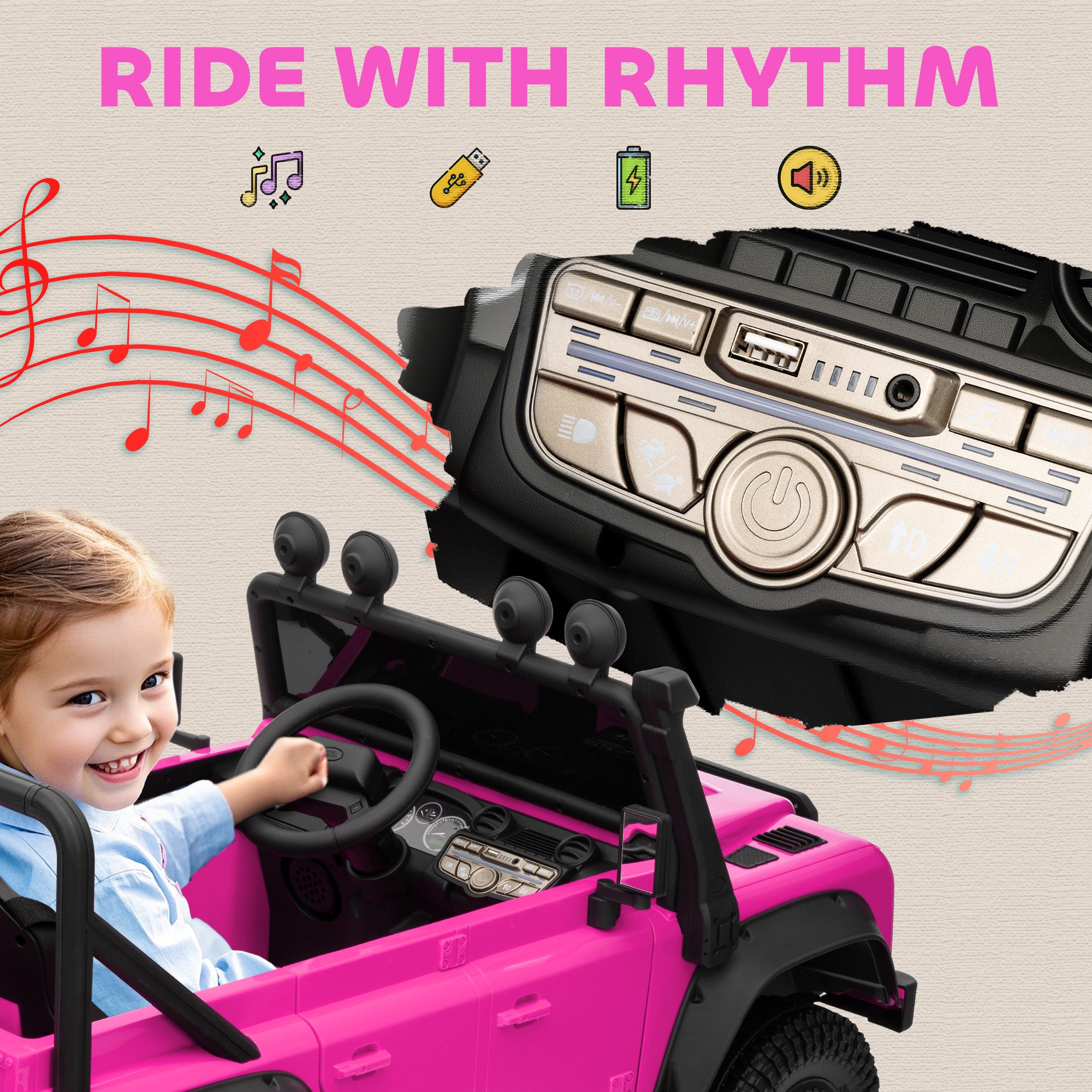 AIYAPLAY Kids Ride On Car with Remote Control, Music, Horn, 4 Spring Suspension Wheels, LED Lights for 3-5 Years Old, Pink