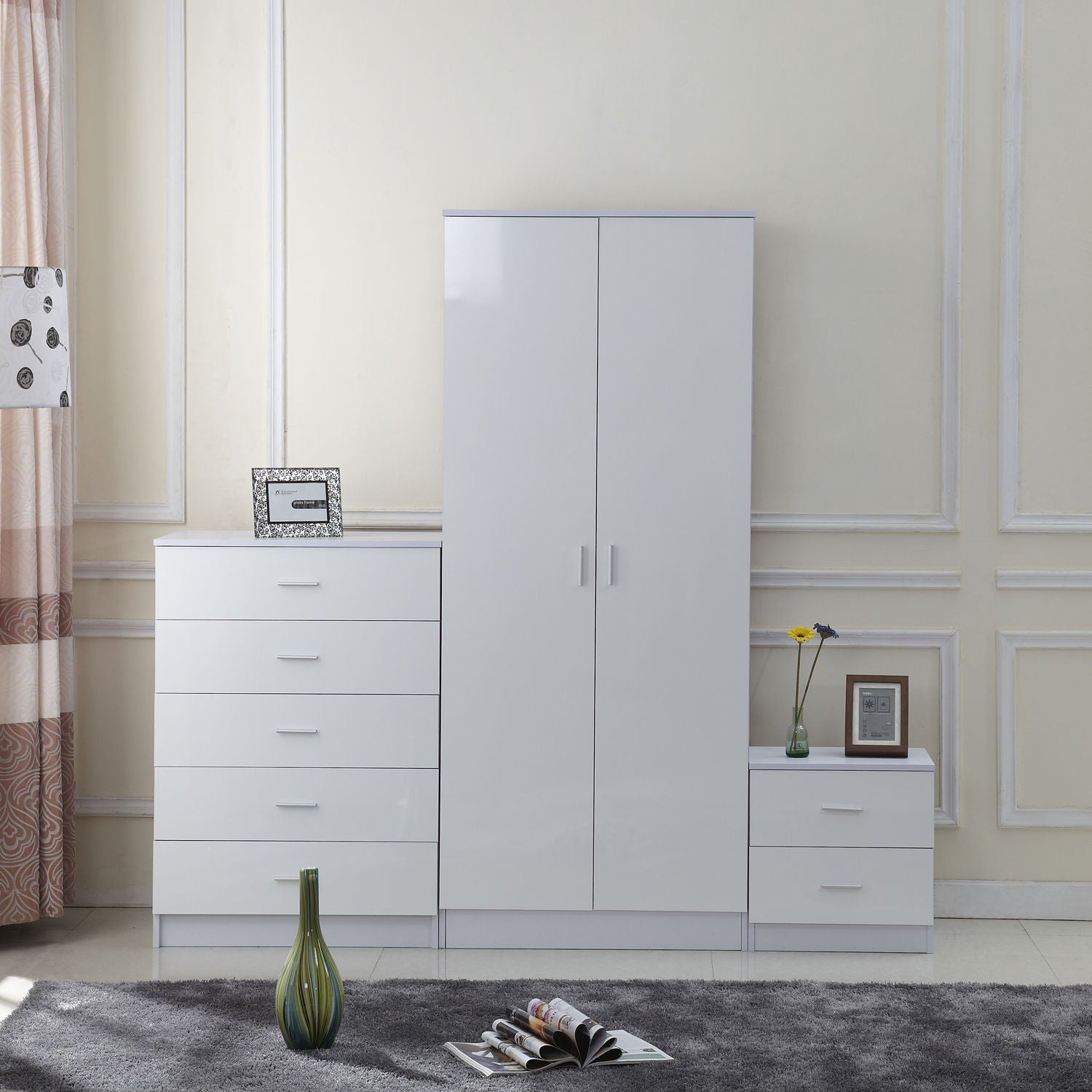 HOMCOM High Gloss 3 Piece Trio Bedroom Furniture Set Wardrobe + Chest Of Drawer + Bedside White 