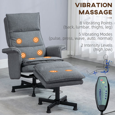 HOMCOM Swivel Recliner Chair and Footstool, Upholstered Massage Recliner Armchair with Remote Control, Timer and Steel Base, Grey 