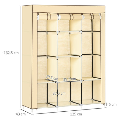 HOMCOM Fabric Wardrobe, Portable Wardrobe, Clothes Storage Unit with 8 Shelves, 2 Hanging Rods, 125 x 43 x 162.5 cm, Beige 