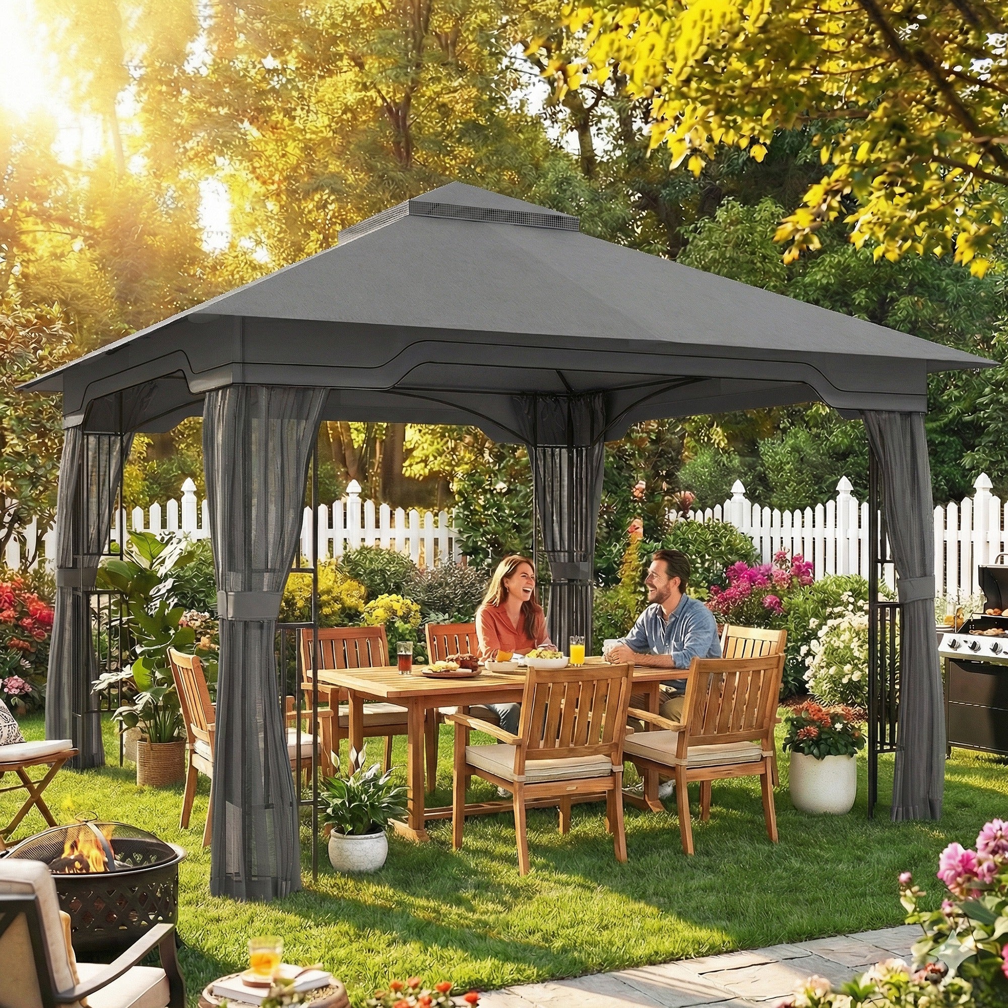 Outsunny 3.3 x 3.3 m Outdoor Garden Gazebo with Post Shelves, UPF50+ Patio Permanent Pavilion with Hook, Dark Grey 