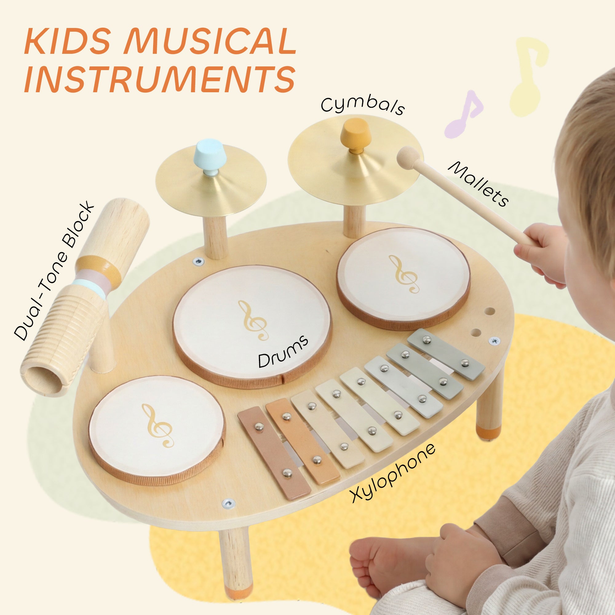 AIYAPLAY Baby Drum Kit, Wooden Kids Musical Instruments with Drums and Xylophone, Gifts for Girls Boys Birthday, Natural 