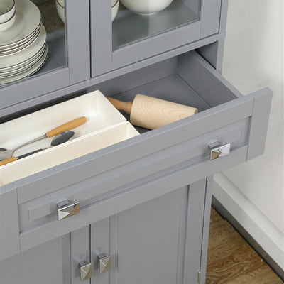 HOMCOM Freestanding Kitchen Cupboard, Storage Cabinet with 2 Adjustable Shelves, Drawer and Glass Door for Living Room, Grey 