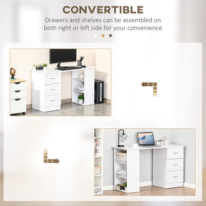 HOMCOM Computer Desk, Writing Table, PC Workstation with 3 Storage Shelves and Drawers, Silver Handle, for Home Office, White 