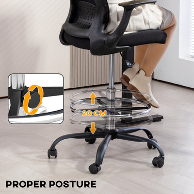 HOMCOM Draughtsman Chair, Mesh Drafting Chair, Ergonomic Office Chair with Flip-up Armrest, Adjustable Foot Ring, Black 