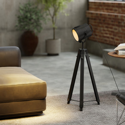 HOMCOM Industrial Tripod Floor Lamp, Nautical Searchlight with Adjustable Height, Wood Legs, E14 Lamp Base for Living Room, Bedroom, Black 