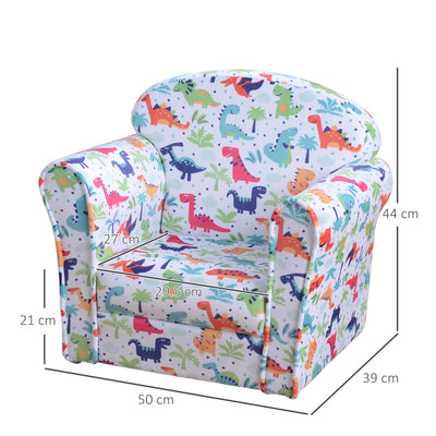 HOMCOM Children Armchair Kids Sofa Tub Chair Seat Cartoon Dinosaur Pattern Bedroom Flannel Wooden Frame Non-slip Playroom Seater 