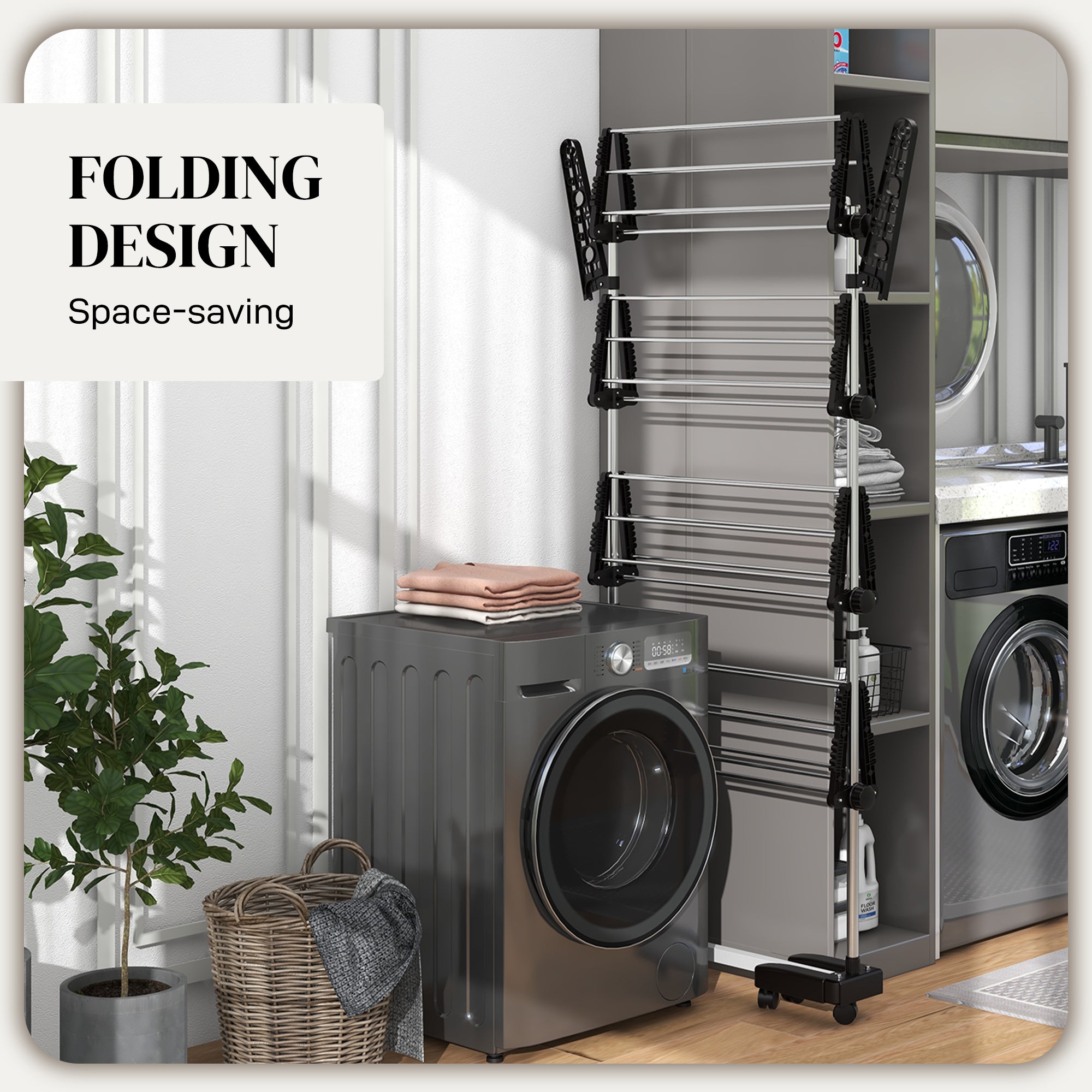 HOMCOM Four-Shelf Collapsing Clothes Horse, With Side Arms and Wheels - Black 