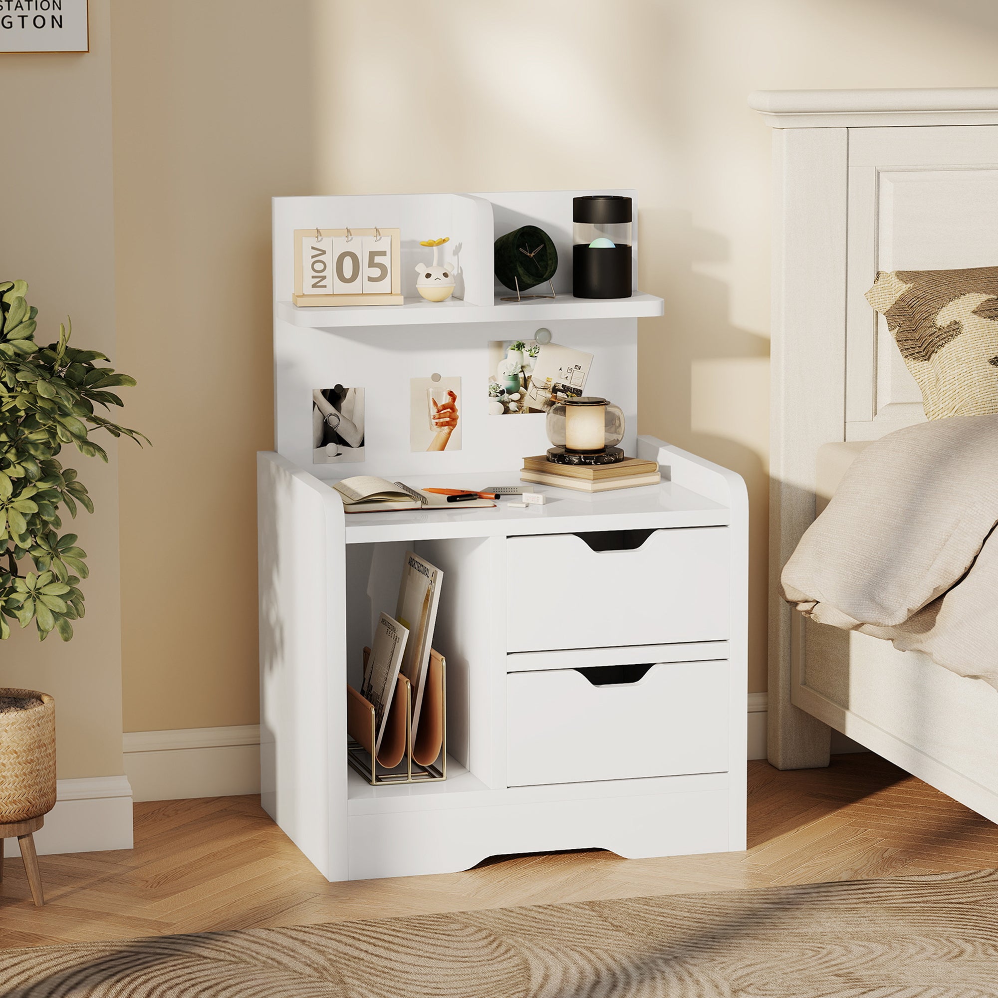 HOMCOM Bedside Table with 2 Drawers and Open Shelves - High Gloss White 