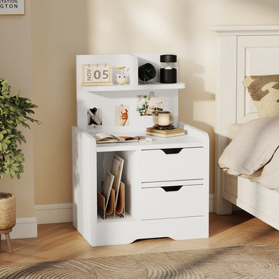 HOMCOM Bedside Table with 2 Drawers and Open Shelves - High Gloss White 