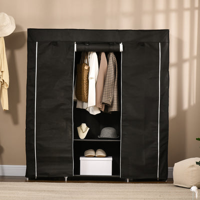 HOMCOM Portable Wardrobe, Foldable Fabric Wardrobe, 150 x 43 x 162.5cm, Clothes Storage Organiser with Hanging Rail, Shelves, Fabric Cover for Bedroom, Black 