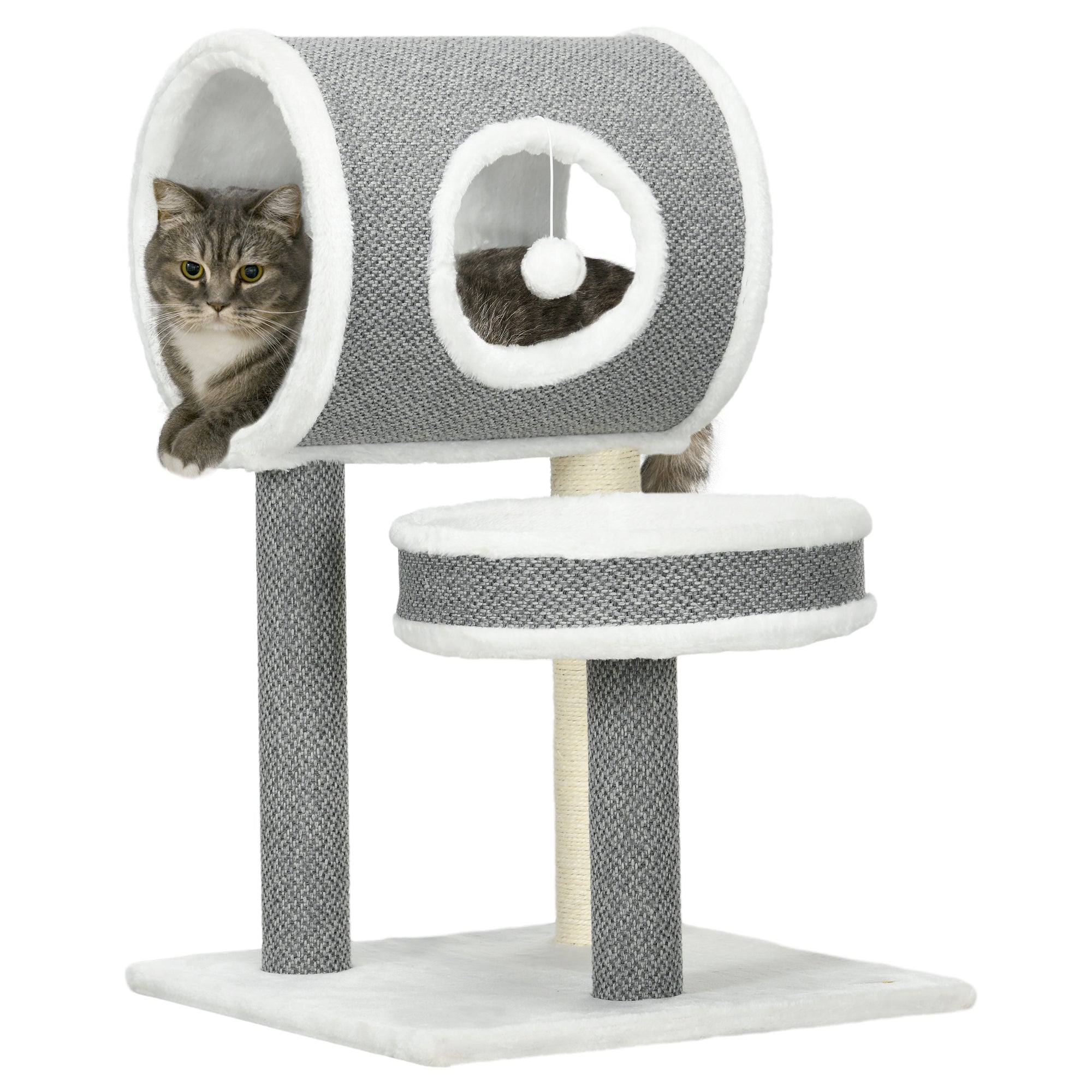 PawHut Cat Tree for Indoor Cats, with Scratching Post, Bed, Tunnel, Toy Ball, 48 x 48 x 73cm - White 
