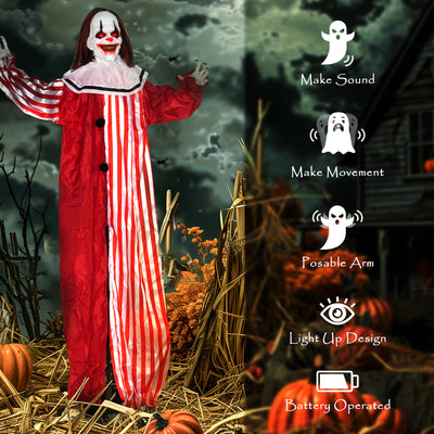 Outsunny 165 cm Life Size Halloween Animated Clown with Red Light Up Eyes, Sound Activated Moving Body, Scary Clown Halloween Decorations, Battery Operated, Indoor Party Props 