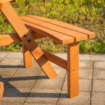 Outsunny 6 Seater Wooden Picnic Table and Garden Benches Set, Round Garden Dining Set with 3 Benches and Umbrella Hole Outdoor Garden Park, Brownish Red 