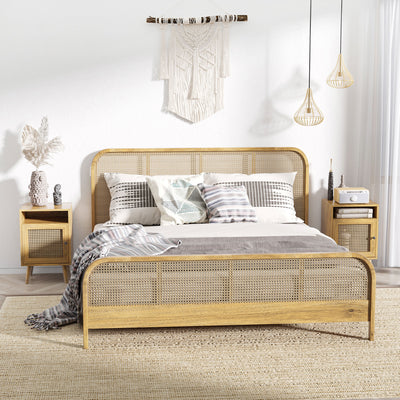HOMCOM Bedside Table with Rattan Element, Side End Table with Shelf and Cupboard, 39cmx35cmx60cm, Set of 2, Natural 