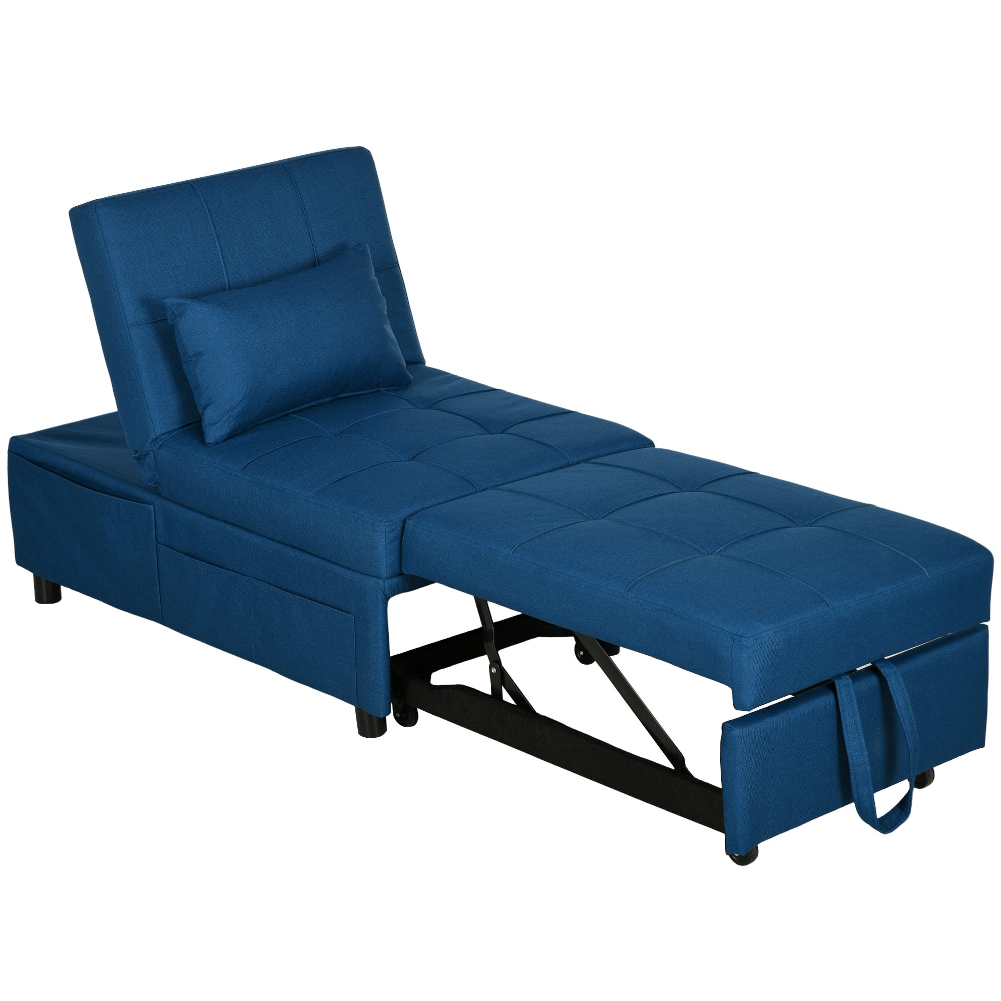 HOMCOM Convertible Chair Bed with Padding Seat, 4-in-1 Multi-Functional Sleeper Sofa Bed, Recliner with Adjustable Backrest, Side Pocket, Wheels and Pillow, for Living Room, Blue 