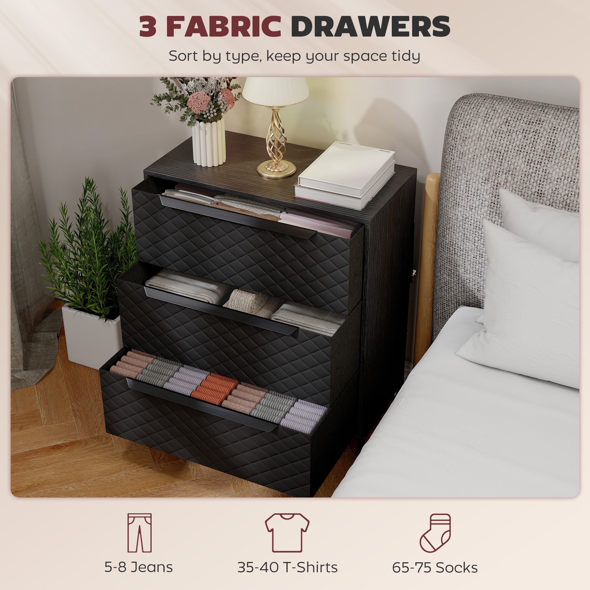 HOMCOM Chest of Drawers, Dresser with 3 Fabric Drawers and Aluminium Handles - Black 