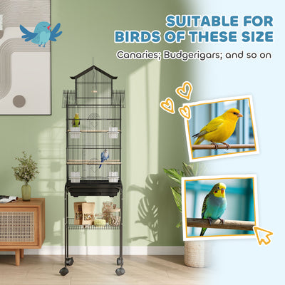 PawHut Metal Bird Cage with Plastic Swing, Perch, Food Container, Tray, Handle, for Finches, Canaries, Budgies, 43 x 32.5 x 163 