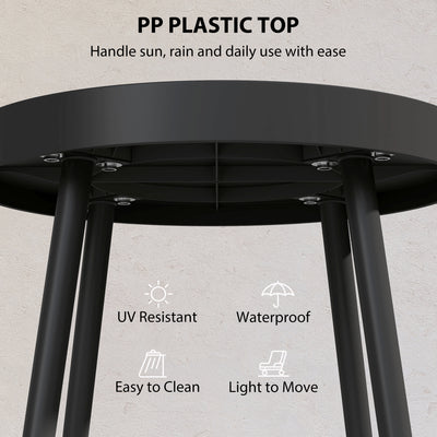 Outsunny 49.5 cm Round Garden Table, Small Outdoor Coffee Side Table with Plastic Tray-Style Top, Metal Legs, Black