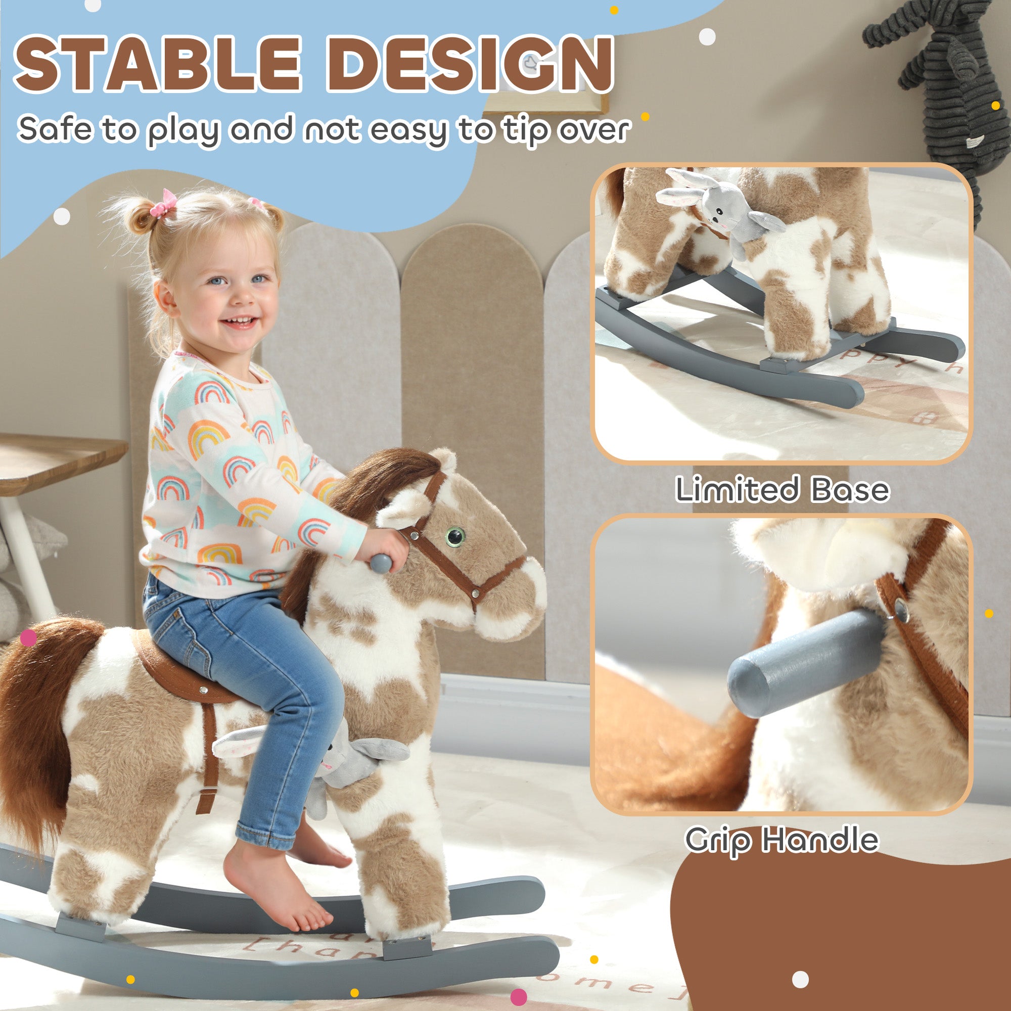 AIYAPLAY Baby Rocking Horse, Plush Animal Rocker with Realistic Sound and Toy, Rocking Toy Chair for Kids Aged 2-5, Brown 