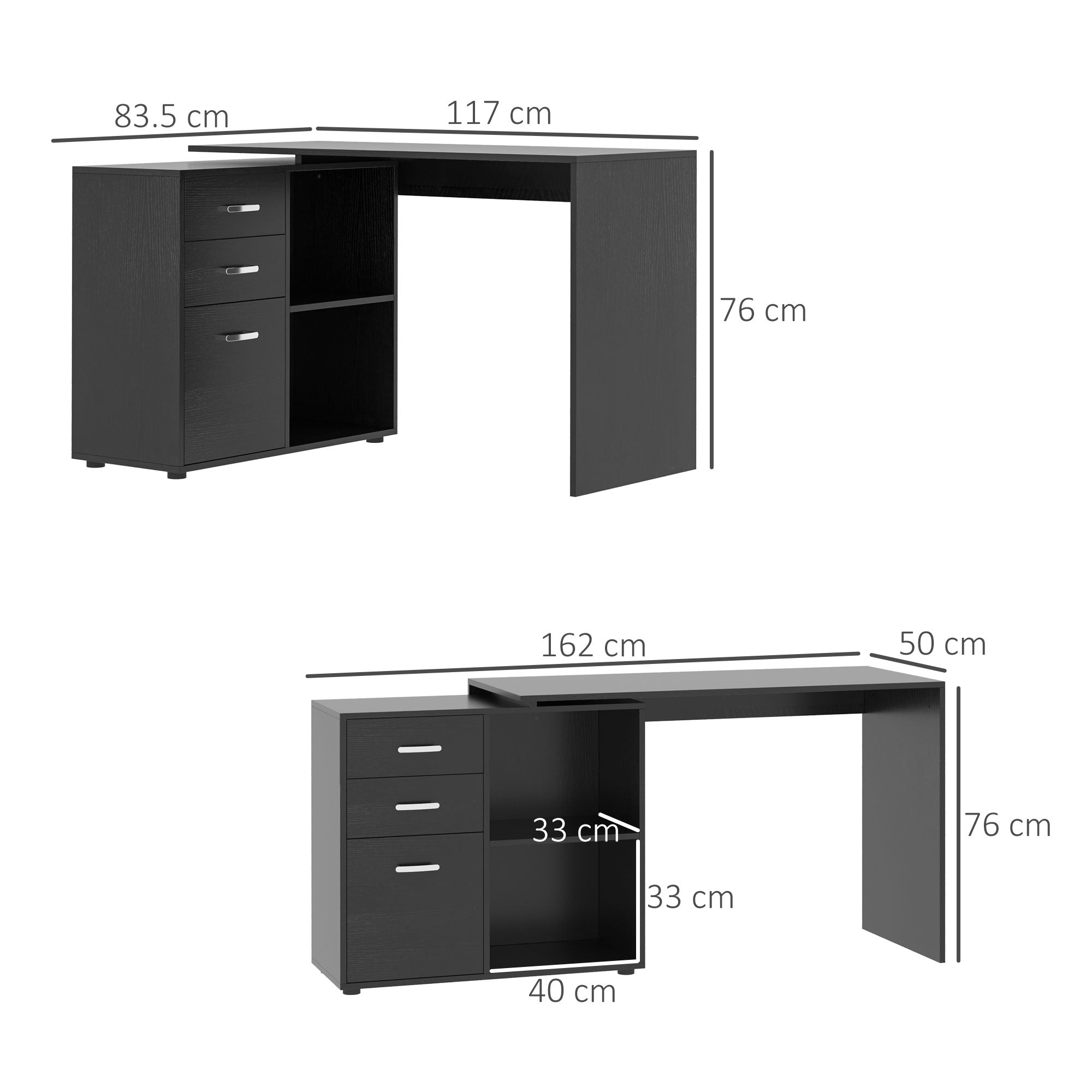 HOMCOM L Shaped Computer Desk, Reversible Home Office Desk with Drawers, File Cabinet and Storage Shelves, Study Table, 117 x 83.5 x 76cm, Black 