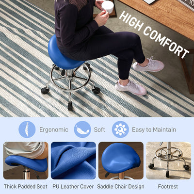 HOMCOM Salon Saddle Stool, Rolling Saddle Chair for Massage, Spa, Clinic, Beauty, Hairdressing and Tattoo, Blue 