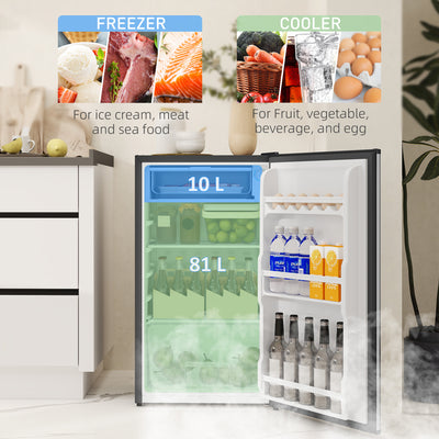 HOMCOM 91 Litre Freestanding Under Counter Fridge Freezer, Small Fridge with Chiller Box, Adjustable Thermostat, 47.5cm Wide, Silver Tone 