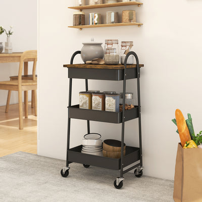 HOMCOM 3-Tier Kitchen Storage Trolley with on Wheels Cover Top Board - Rustic Brown and Black 