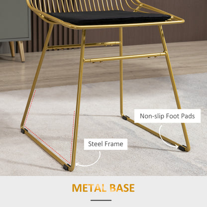 HOMCOM Luxurious Dining Chairs Set of 2, Metal Wire Kitchen Chair with Removable Velvet-feel Cushion, Cut-out Back and Steel Frame for Dining Room, Gold Tone 