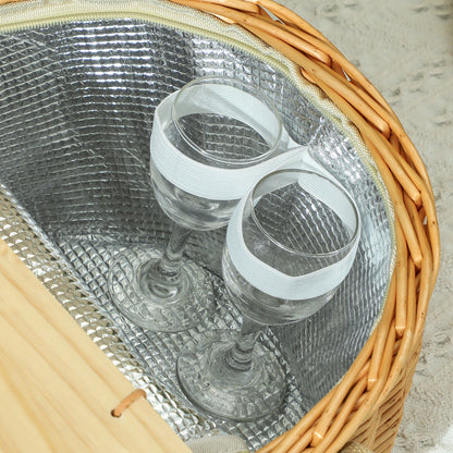 Outsunny Wicker Picnic Basket for 2 with Pine Wood Lid, Picnic Hamper with Cooler Compartment, Cutlery Service Kits, Carry Handle for Camping, Outdoor, Valentine Day, Chirtmas, Birthday, Light Brown 