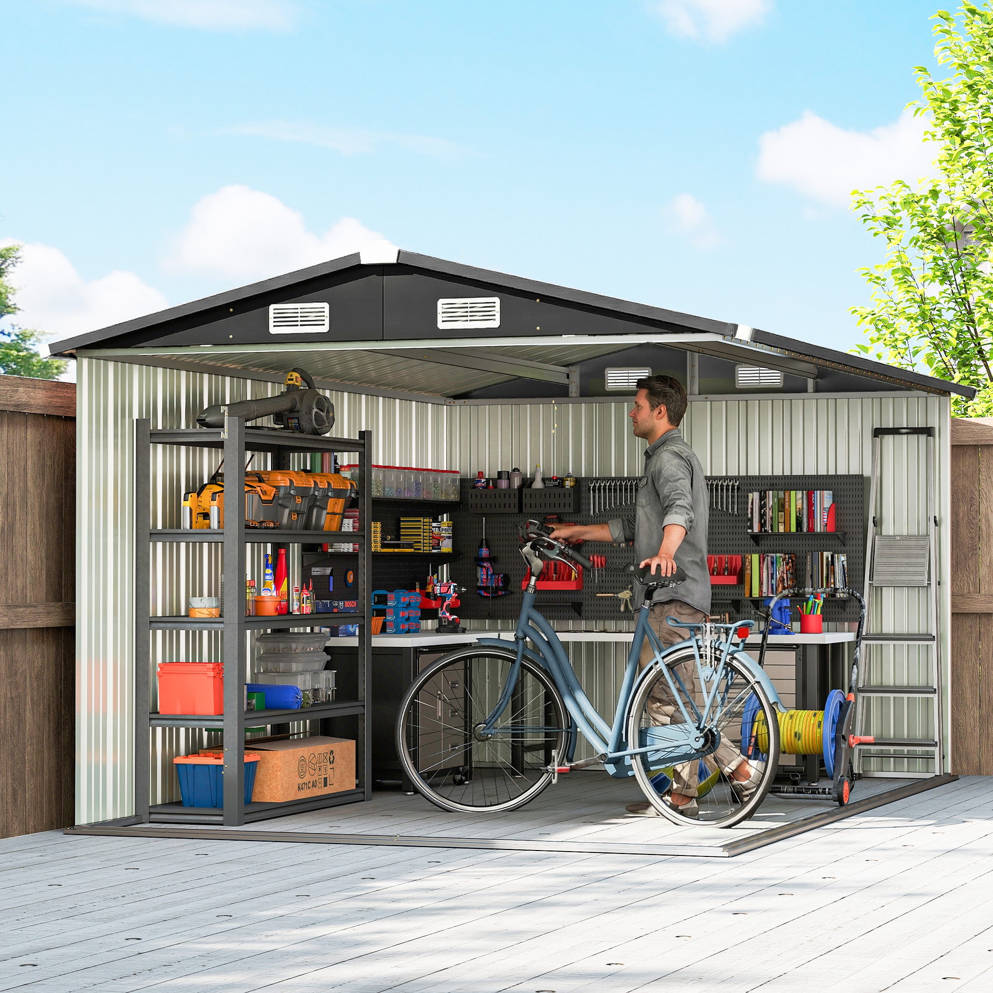 Outsunny 12 x 8 ft Garden Shed, Outdoor Storage Shed with 4 Vents and Lockable Double Doors, Dark Grey 