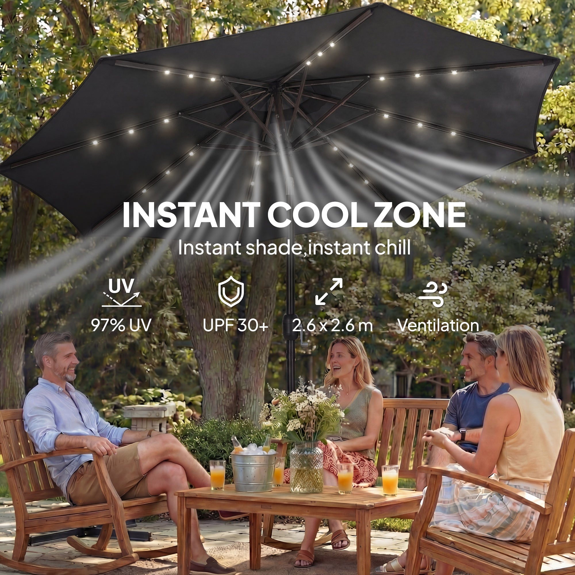 Outsunny 2.6 m Garden Parasol Umbrella with LED Solar Light, Parasol Cover, Outdoor Market Patio Umbrella, Black 