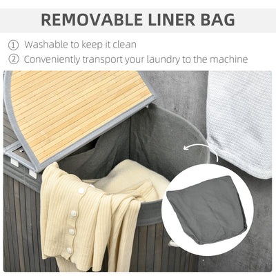 HOMCOM Bamboo Laundry Basket with Lid, 100 Litres Laundry Hamper with 2 Sections, Removable Washable Lining, Washing Baskets, 62.5 x 37 x 60.5cm, Grey 