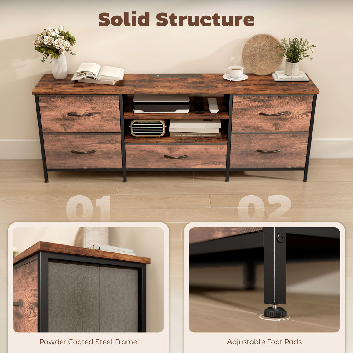 HOMCOM Multi-Storage Industrial TV Stand - Brown/Grey/Black 