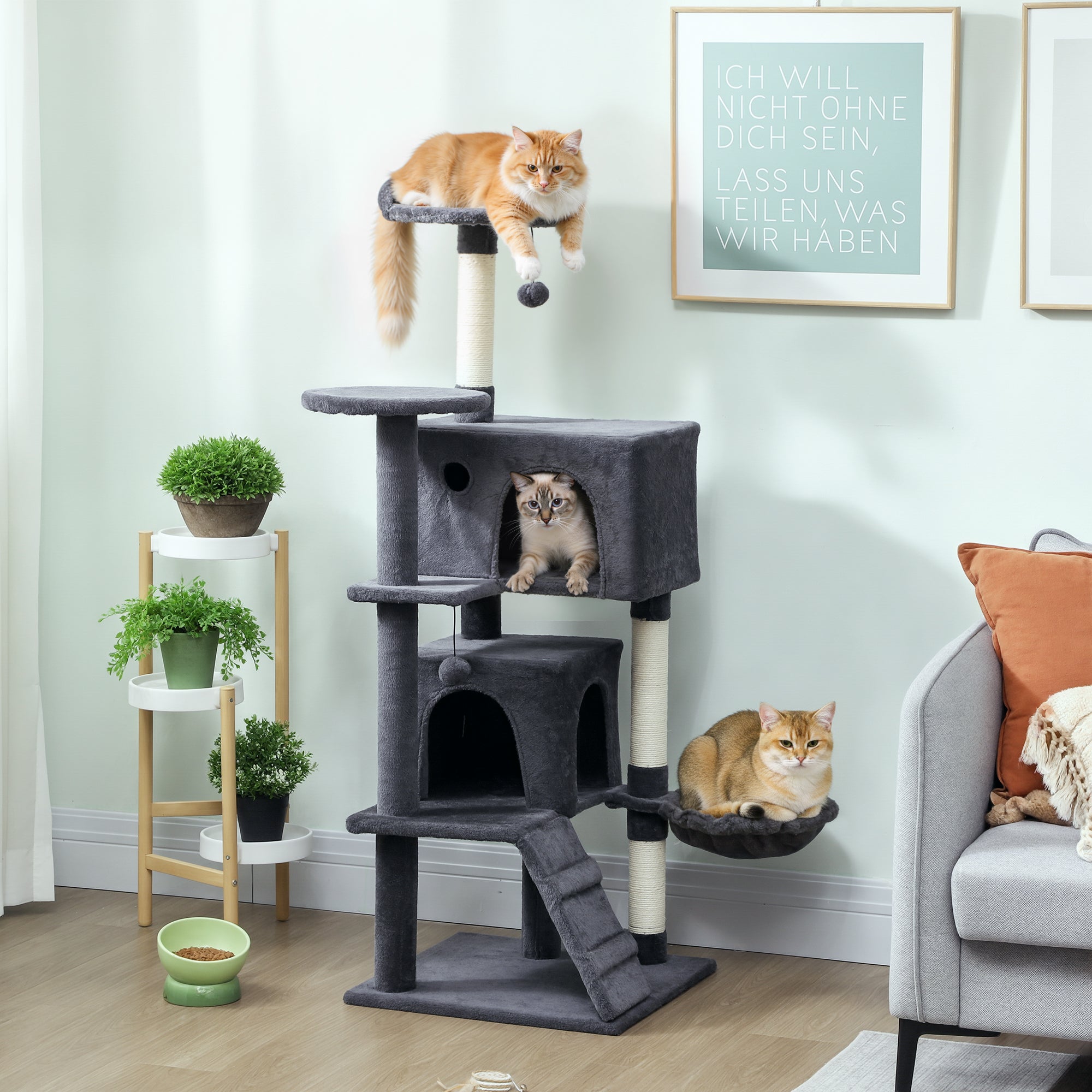 PawHut 140cm Large Cat Tree Tower with Sisal Scratching Posts, Cat Houses, Plush Perches, Hammock, Ladder, Dark Grey 