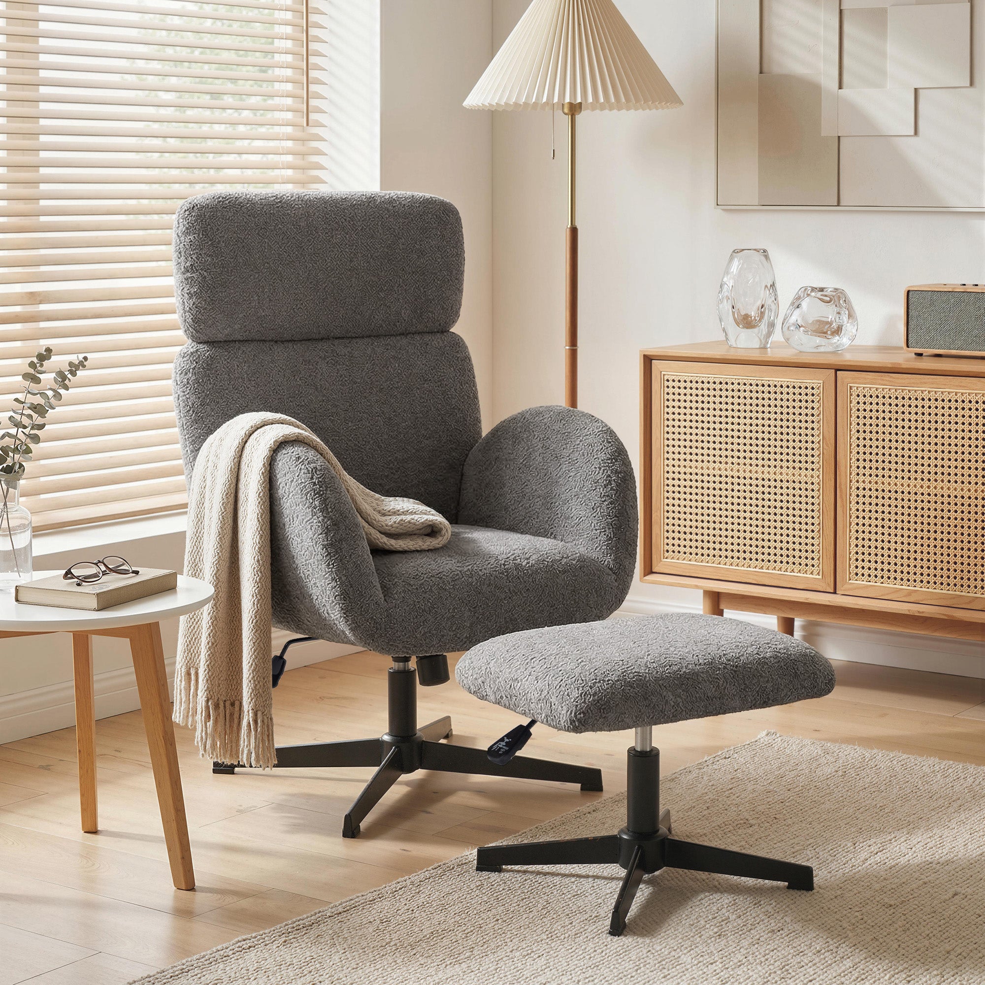 HOMCOM Swivel Armchair and Footstool Set, Height Adjustable Accent Chair with Adjustable Headrest, Rocking Function, Grey 