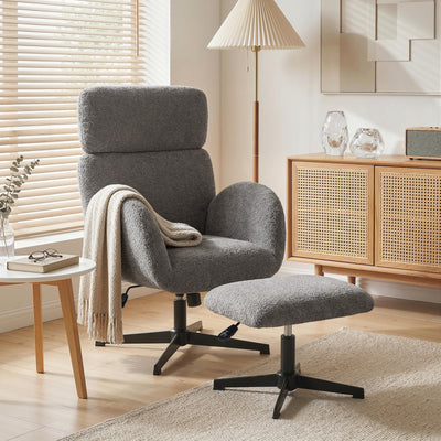 HOMCOM Swivel Armchair and Footstool Set, Height Adjustable Accent Chair with Adjustable Headrest, Rocking Function, Grey 