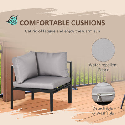 Outsunny 4 Piece Metal Garden Furniture Set with Tempered Glass Coffee Table, Breathable Mesh Pocket, Outdoor Conversational Corner Sofa Loveseat with Padded Cushions, Light Grey 