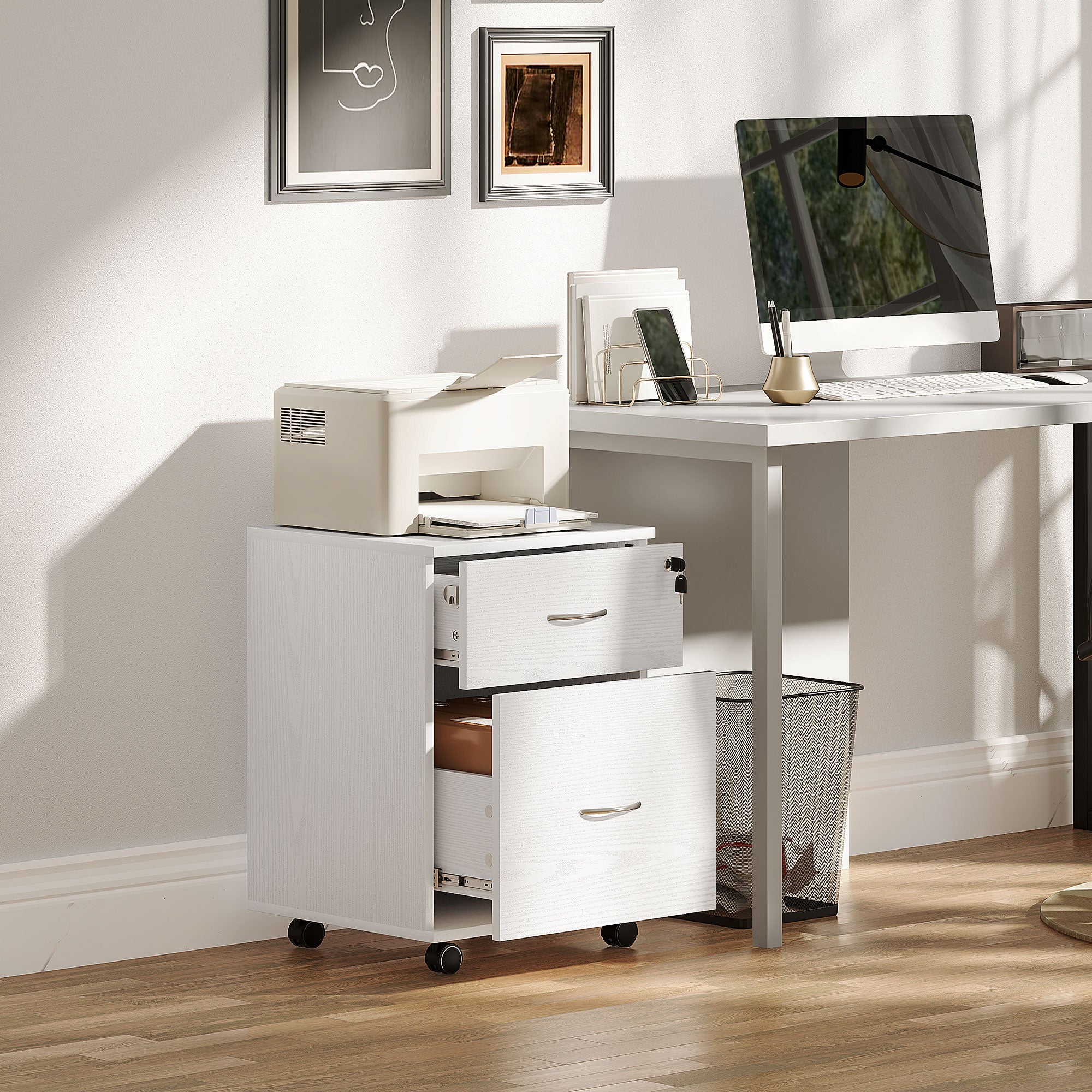 HOMCOM Two Drawer Lockable Filing Cabinet - White Wood Grain 