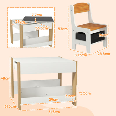 HOMCOM Three-Piece Kids Table and Chair Set with Blackboard, Storage, Bookshelves - Natural Wood 