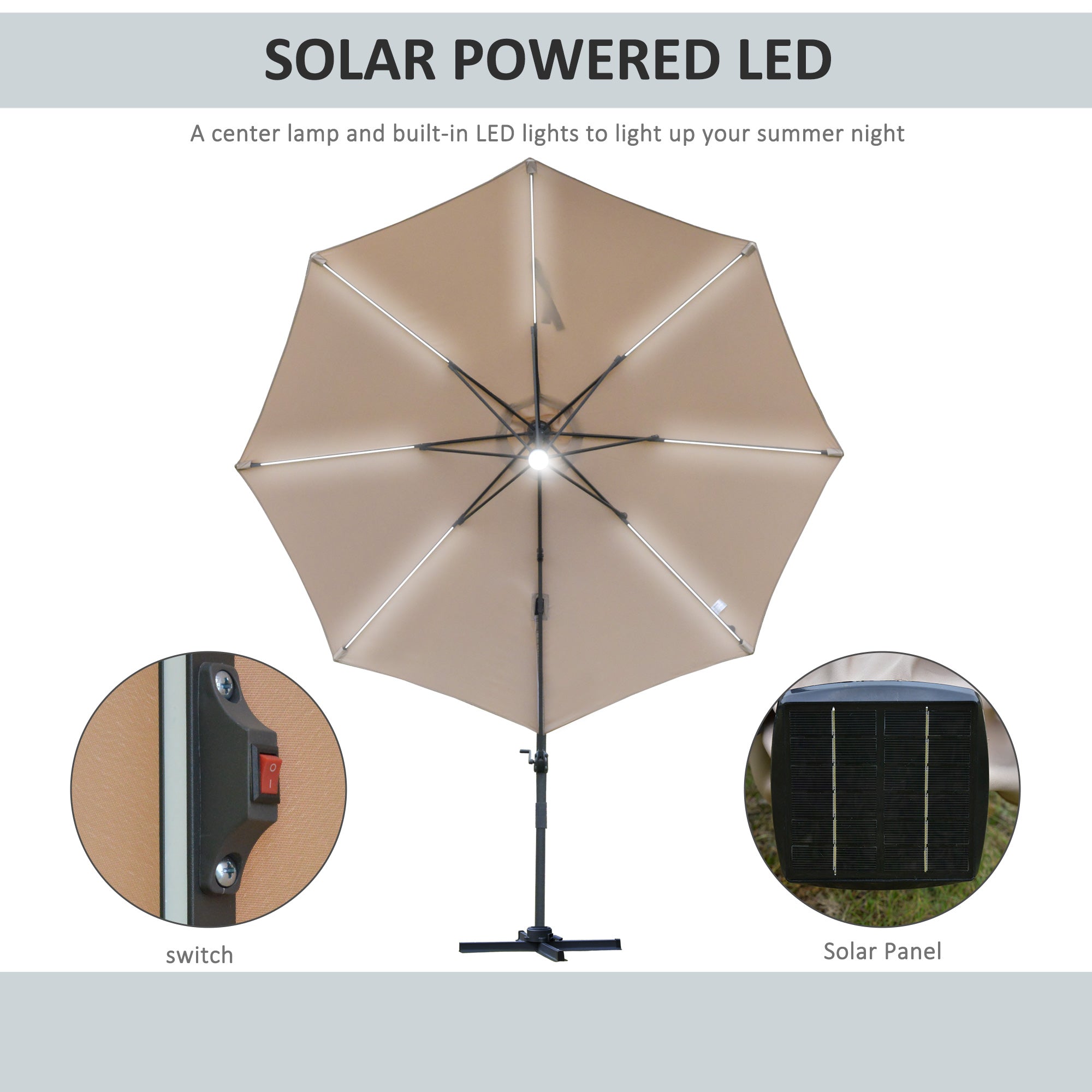 Outsunny 3(m) LED Cantilever Parasol Outdoor Sun Umbrella w/ Base Solar Lights Brown 